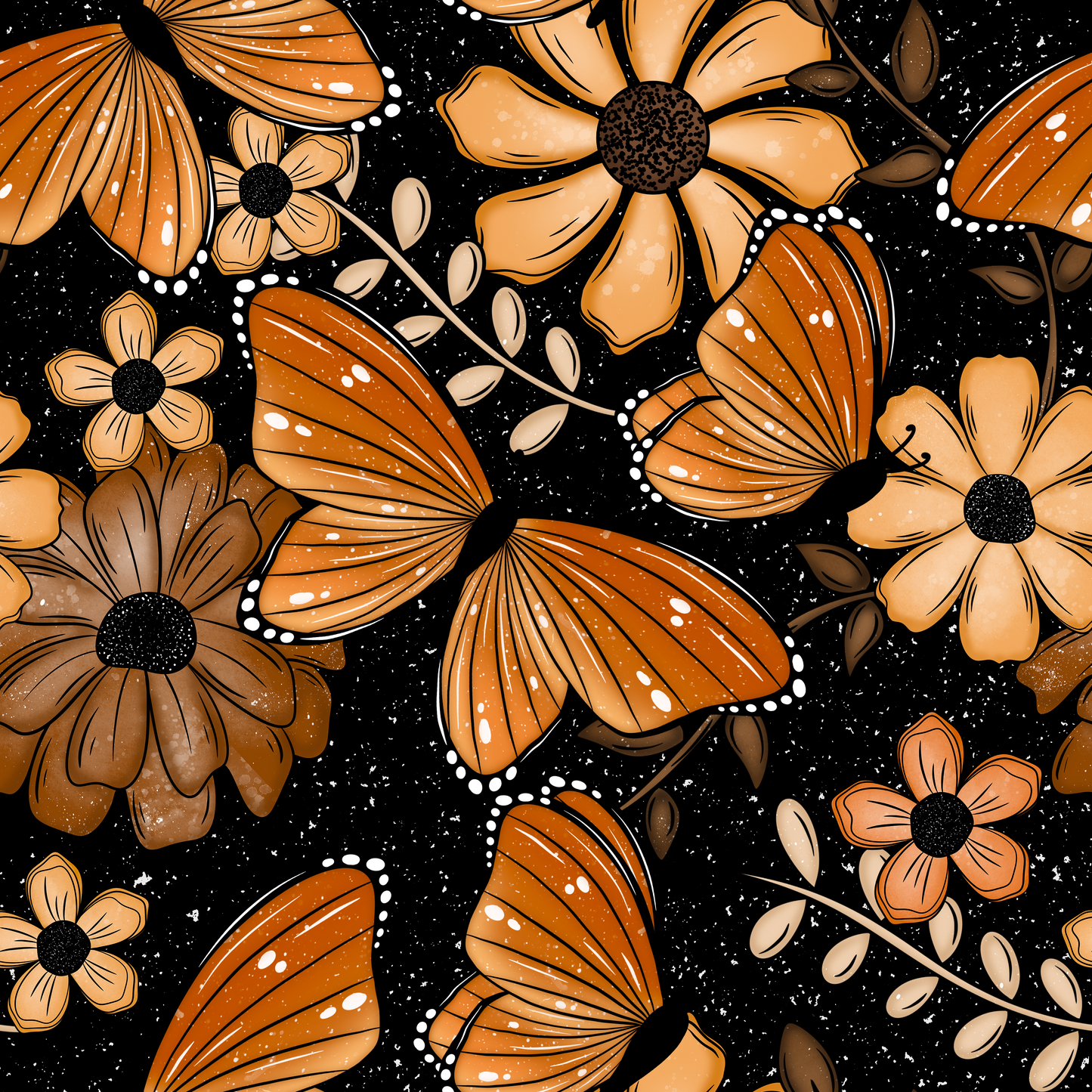 Orange Floral Butterfly Seamless Digital Pattern Download